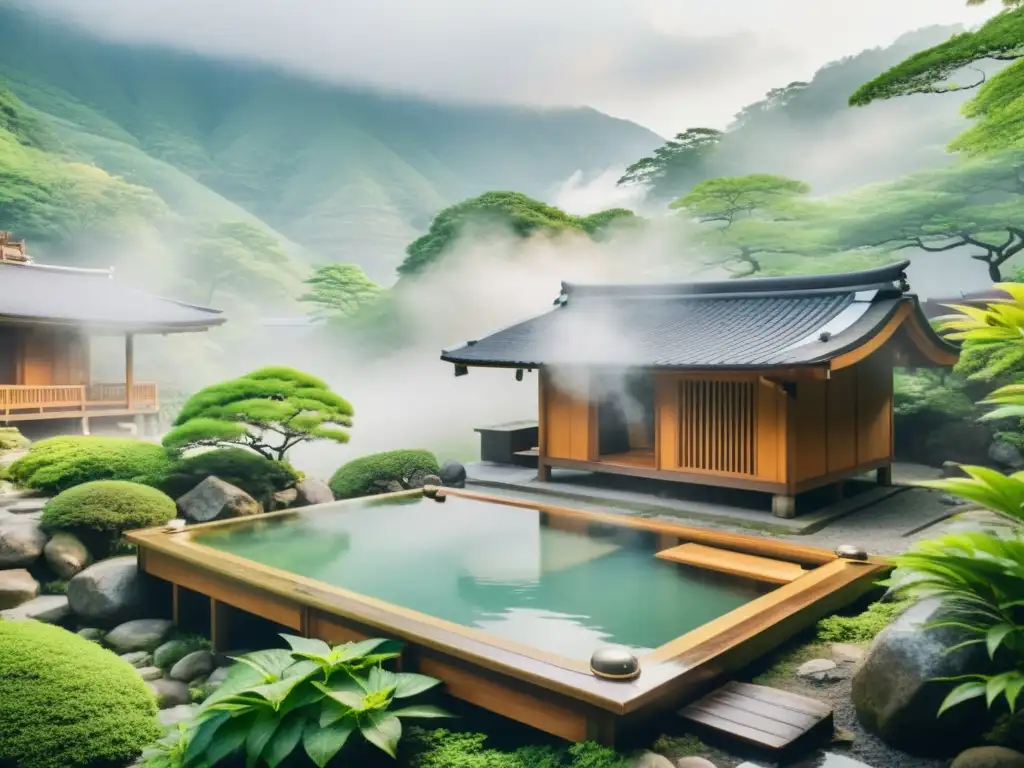 Vista de un sereno onsen japonés en la naturaleza, invitando a rituales de purificación en Onsen