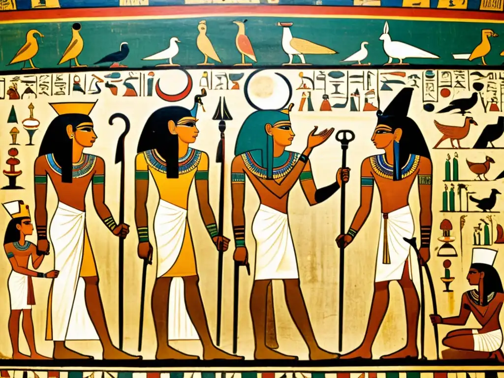 Vívida escena de adoración a Osiris en antiguo mural egipcio