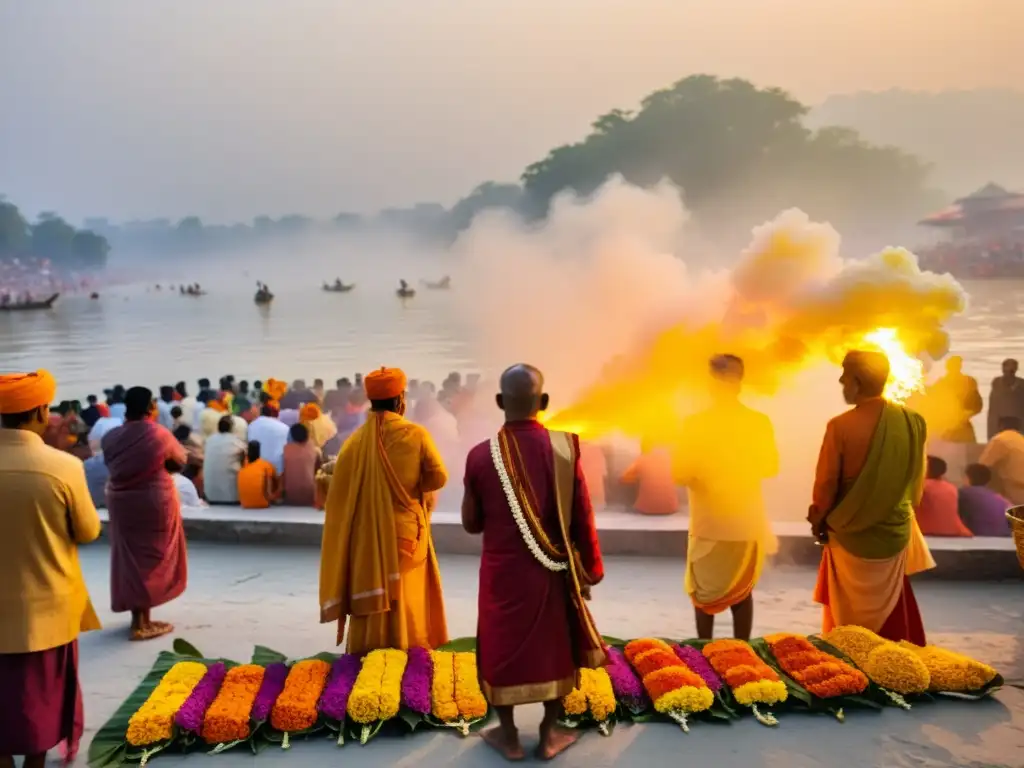 Hindu devotees performing sacred vratas ceremony at the Ganges River - Votos y ayunos sagrados hindúes