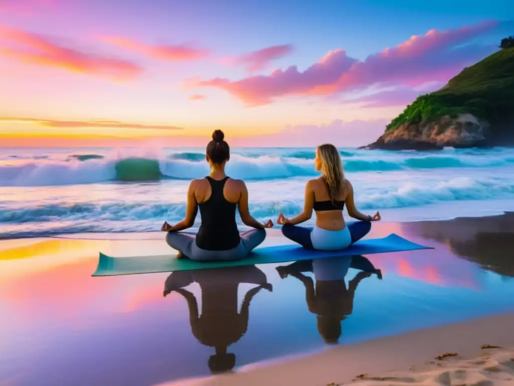 'Práctica de yoga al amanecer en la playa, reflejando paz y conexión espiritual