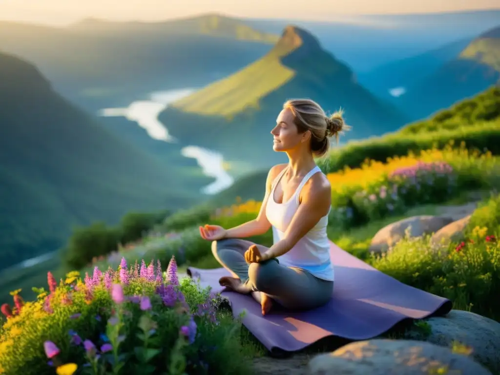Yogui en la cima: serenidad y equilibrio en la naturaleza Práctica de yoga terapéutico en la cima de la montaña, rodeada de naturaleza vibrante y paz interior
