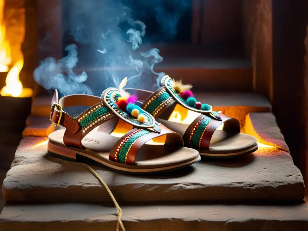 Zapatos rituales ancestrales iluminados por antorchas en altar de piedra, con plumas y detalles coloridos